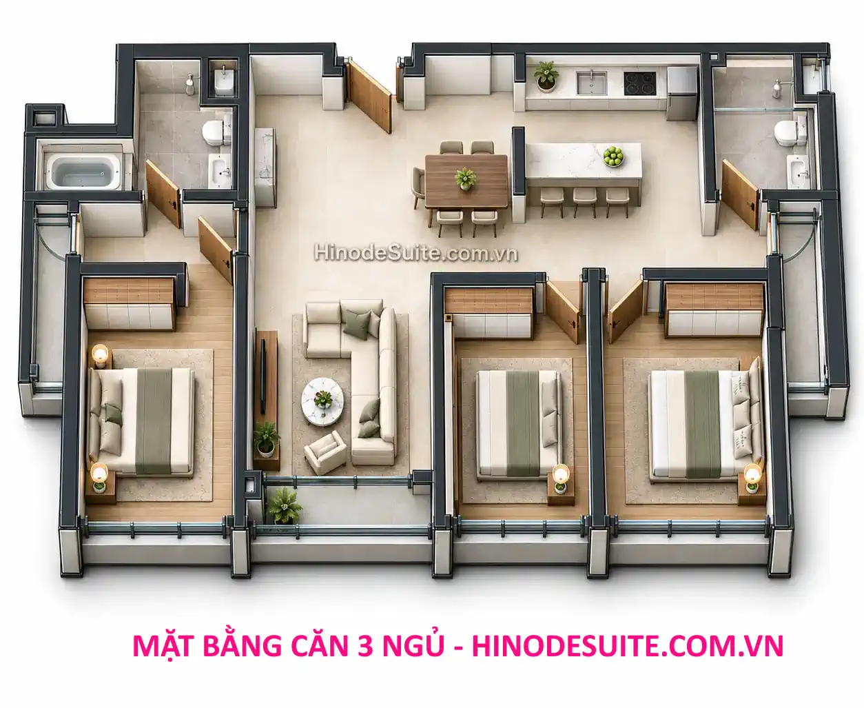 Mặt bằng thiết kế căn 3 phòng ngủ Hinode Suite